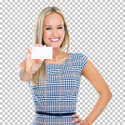 Buy stock photo Business card, presentation and portrait of happy woman with mockup on isolated, transparent or png background. Paper, promo and female ceo with startup space, poster or billboard for company launch