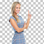 PNG of studio portrait of a beautiful young woman pointing up at copyspace