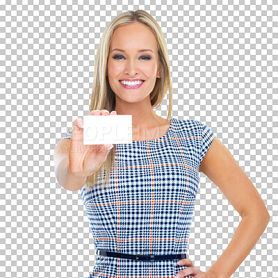 Buy stock photo Business card, mockup and portrait of happy woman on isolated, transparent and png background. Paper, space and female person with startup information, poster or contact us for company launch