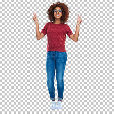 Buy stock photo Peace, hands and portrait of happy black woman with glasses on isolated, transparent and png background. V sign, emoji and face of African female person with good vibes symbol, gesture or message