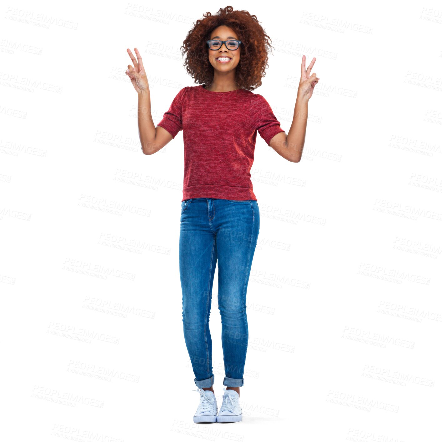 Buy stock photo Peace, hands and portrait of happy black woman with glasses on isolated, transparent and png background. V sign, emoji and face of African female person with good vibes symbol, gesture or message