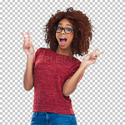 Buy stock photo Wow, black woman and peace hands portrait on isolated, transparent or png background. Face, v sign and African female showing good vibes hand emoji, icon or symbol, expression and message or gesture