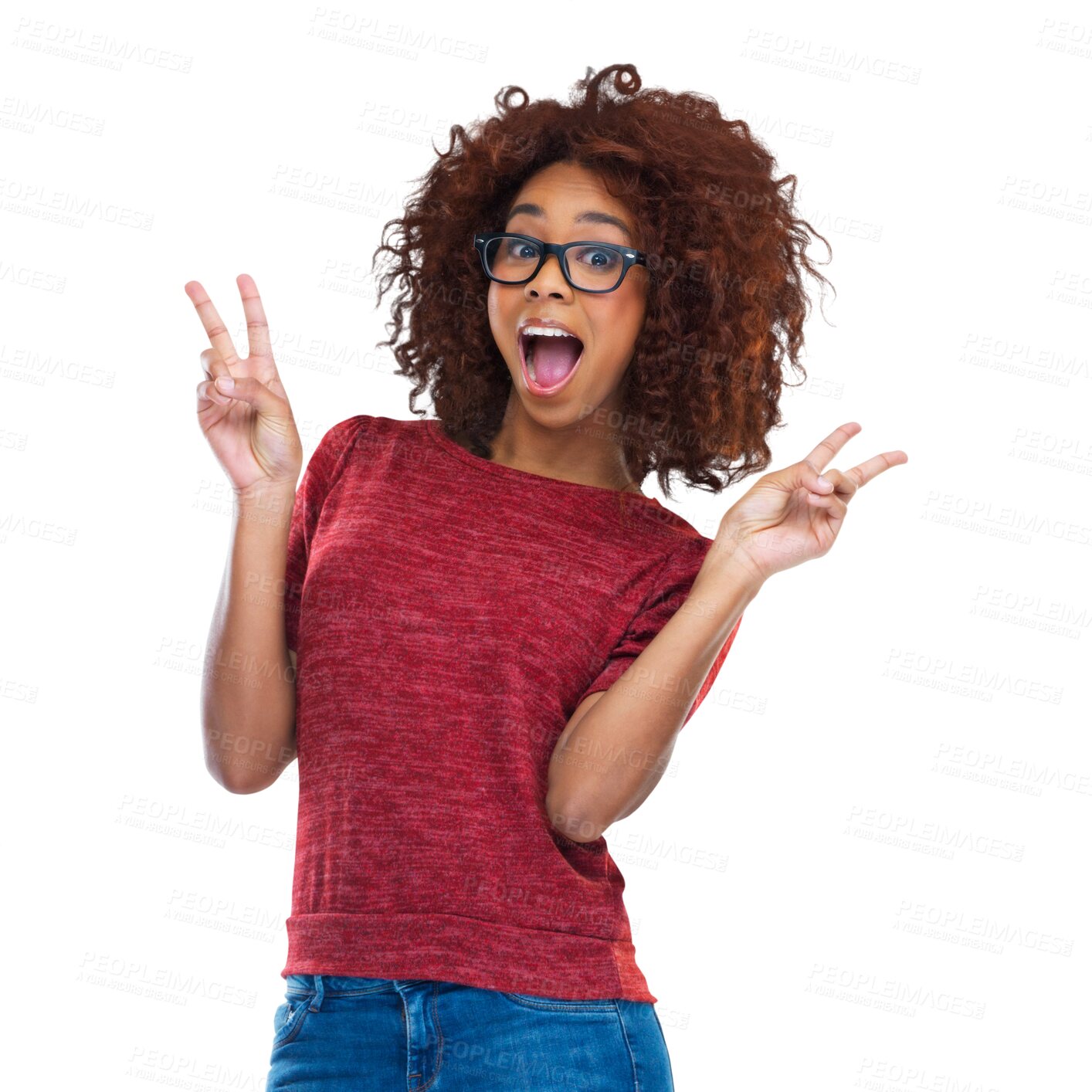 Buy stock photo Wow, black woman and peace hands portrait on isolated, transparent or png background. Face, v sign and African female showing good vibes hand emoji, icon or symbol, expression and message or gesture