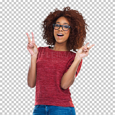 Buy stock photo African woman, portrait and peace sign on isolated, transparent and png background. Face, glasses and female person with hand emoji for excited icon, smile and symbol with expression of V gesture