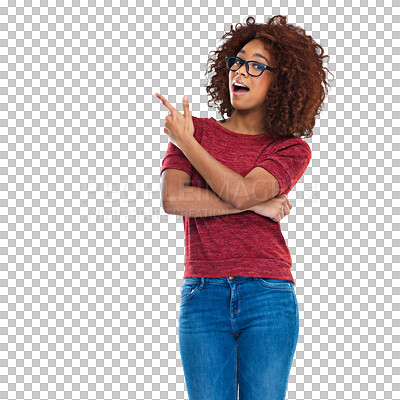 Buy stock photo Portrait, pointing and African woman excited, direction and opportunity isolated against a transparent background. Face, female person and entrepreneur with hand gesture, png and sale with marketing