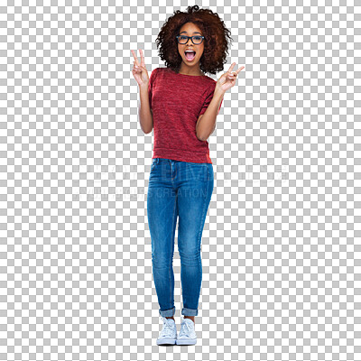 Buy stock photo Wow, portrait and black woman with peace hands, happy or excited for glasses, sale or discount. Omg, v sign and lady surprised by spectacles, news or deal on isolated, transparent or png background