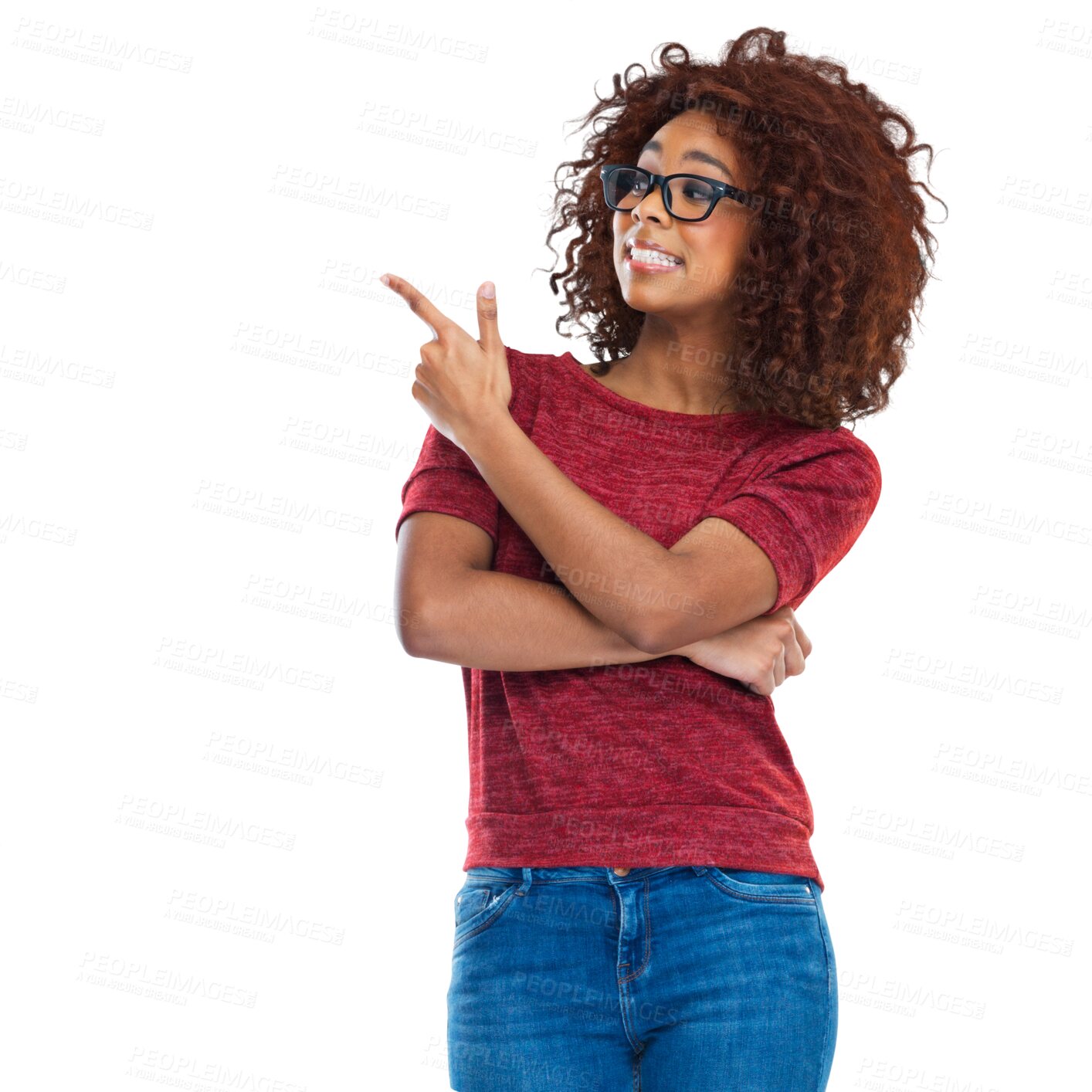 Buy stock photo Happy, gun fingers and black woman with direction, showing and excited girl isolated on a transparent background. Sale, pointing and female person with hand gesture, discount deal and png with choice