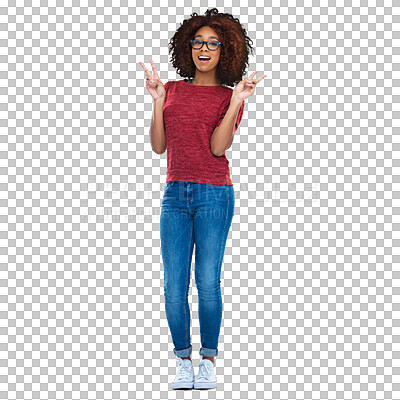 Buy stock photo Portrait, black woman and peace hands on isolated, transparent and png background. Face, v sign and African female showing hand emoji for peaceful, icon and symbol, expression and message or gesture