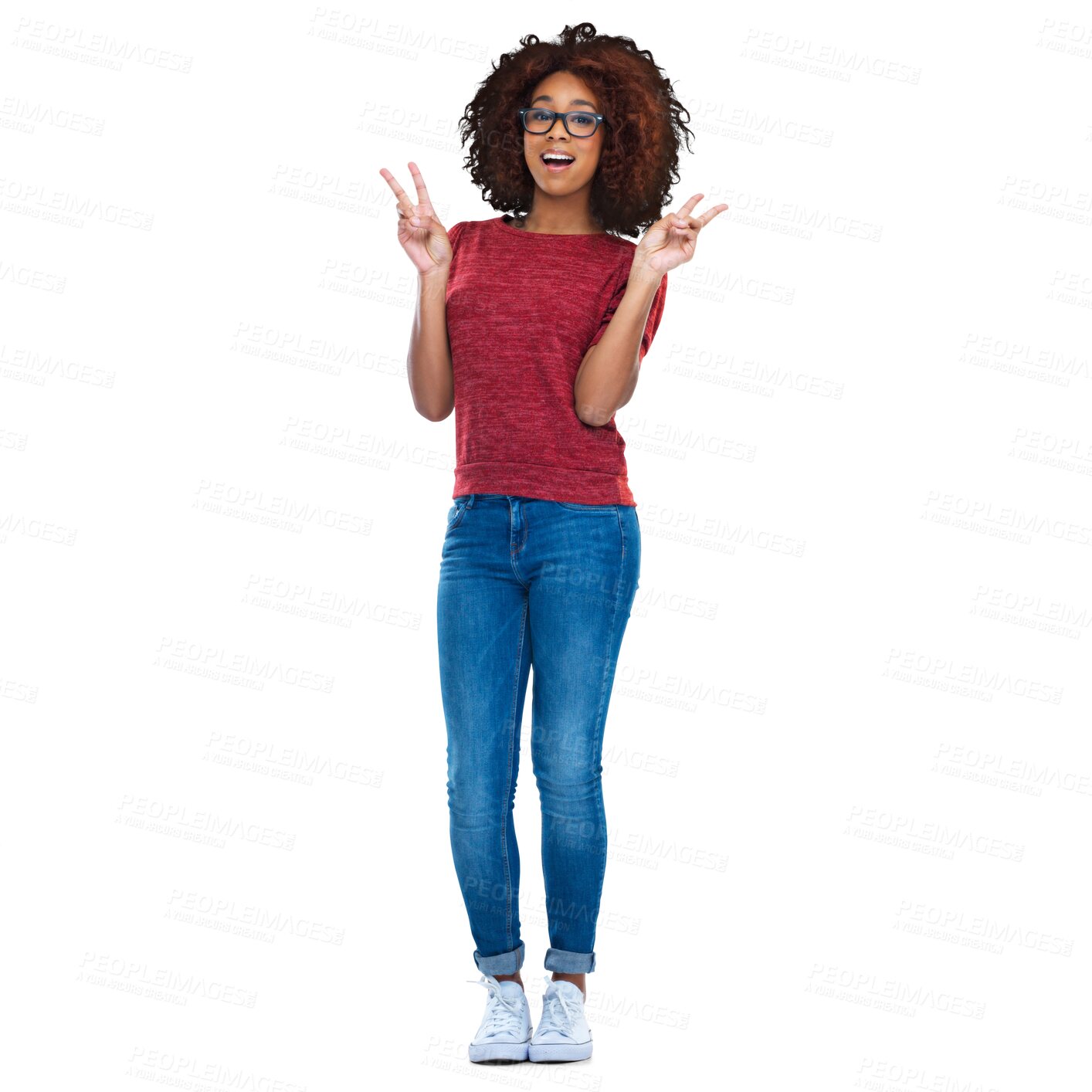 Buy stock photo Portrait, black woman and peace hands on isolated, transparent and png background. Face, v sign and African female showing hand emoji for peaceful, icon and symbol, expression and message or gesture