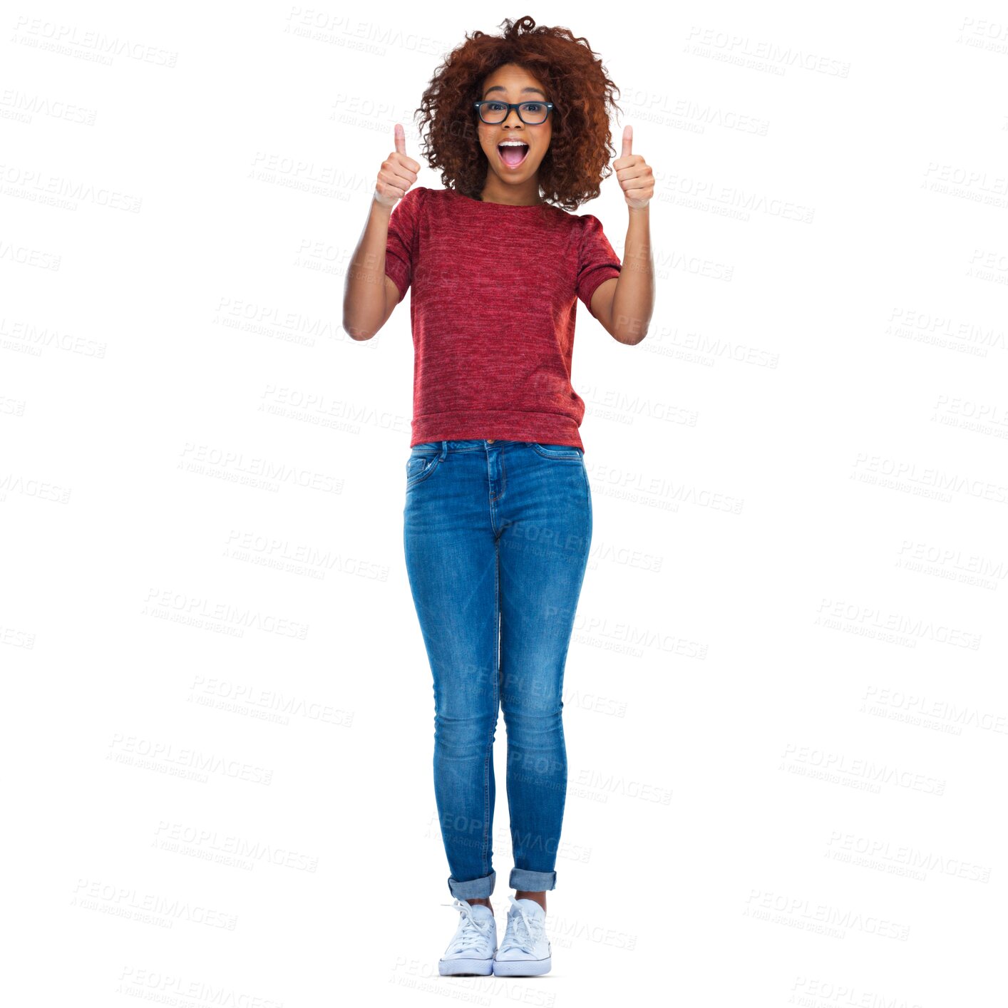 Buy stock photo Thumbs up, excited and portrait of happy woman with feedback vote, approval success or support motivation., Happiness, well done congratulations and person isolated on a transparent, png background