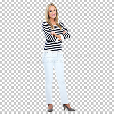 Buy stock photo Portrait, smile and woman with arms crossed isolated on a transparent png background. Confidence, fashion and happy female person from Norway standing with stylish stripes, trendy and casual clothes.