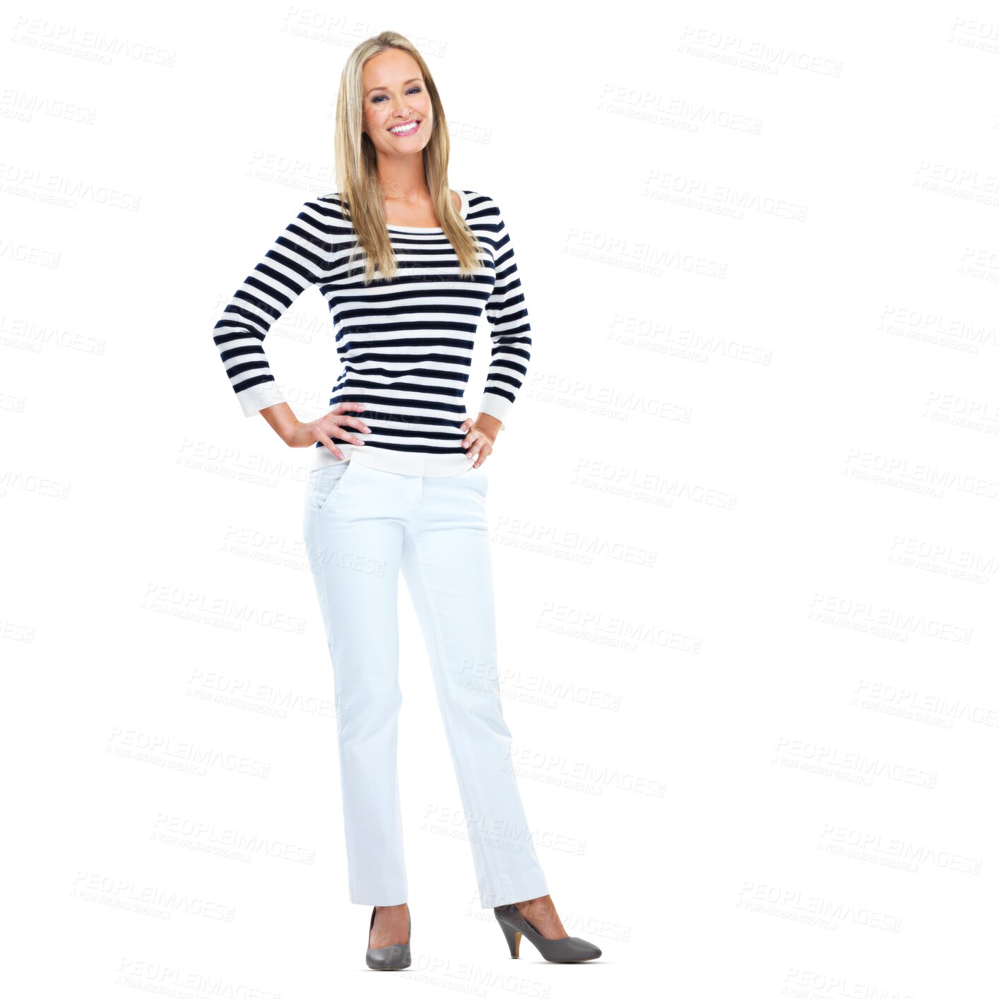 Buy stock photo Fashion, portrait and woman with hands on hips isolated on a transparent png background. Confidence, style and happy female person from Norway standing with stylish stripes, trendy and casual clothes