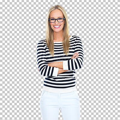 Buy stock photo Portrait, glasses and woman with arms crossed isolated on a transparent png background. Confidence, fashion and happy female person from Norway standing with stylish stripes, trendy or casual clothes