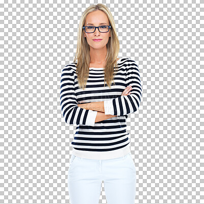 Buy stock photo Portrait, glasses and woman with arms crossed isolated on a transparent png background. Confidence, fashion and female person from Norway standing with stylish stripes, trendy and casual clothes.