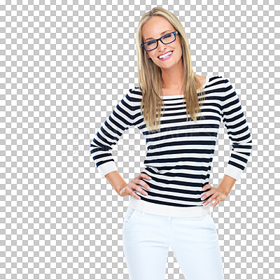 Buy stock photo Happy, portrait and woman with hands on hips isolated on a transparent png background. Confident, fashion glasses and female person from Norway standing with stylish stripes, trendy or casual clothes