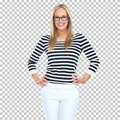 Buy stock photo Portrait, smile and woman with hands on hips isolated on a transparent png background. Confidence, fashion glasses and young person from Norway standing with stylish stripes, trendy or casual clothes