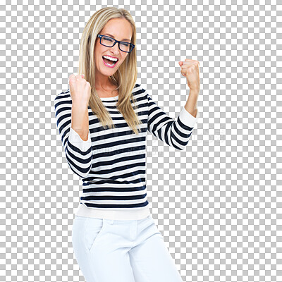 Buy stock photo Portrait, happy woman and winning fist celebration on isolated, transparent and png background. Bonus, success and excited female customer celebrating good news, sale and glasses discount or deal