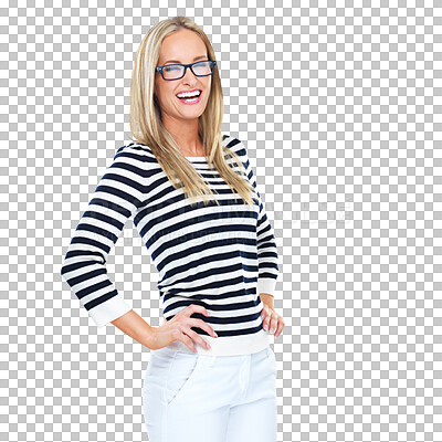 Buy stock photo Portrait, fashion and glasses with a laughing woman isolated on transparent background in designer clothing. Vision, smile or funny with a happy female model posing in a fashionable outfit on PNG