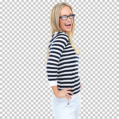 Buy stock photo Portrait, fashion and wink with a woman in glasses isolated on a transparent background in trendy clothing. Vision, happy or smile with a playful young model flirting and winking for style on PNG