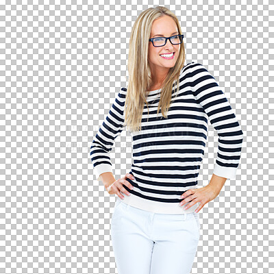 Buy stock photo Glasses, hands on hips and portrait of a woman isolated on a transparent png background. Confidence, fashion and happy person from Norway standing with stylish stripes, trendy and casual clothes