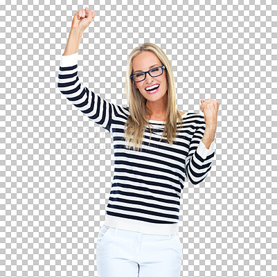 Buy stock photo Happy woman, portrait and dance fist celebration on isolated, transparent and png background. Winner, success and excited female customer celebrating good news, sale and glasses discount or deal