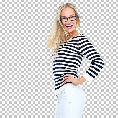 Buy stock photo Portrait, fashion and smile with a woman in glasses isolated on a transparent background in designer clothing. Clothes, happy or style with an attractive young female model in a trendy outfit on PNG