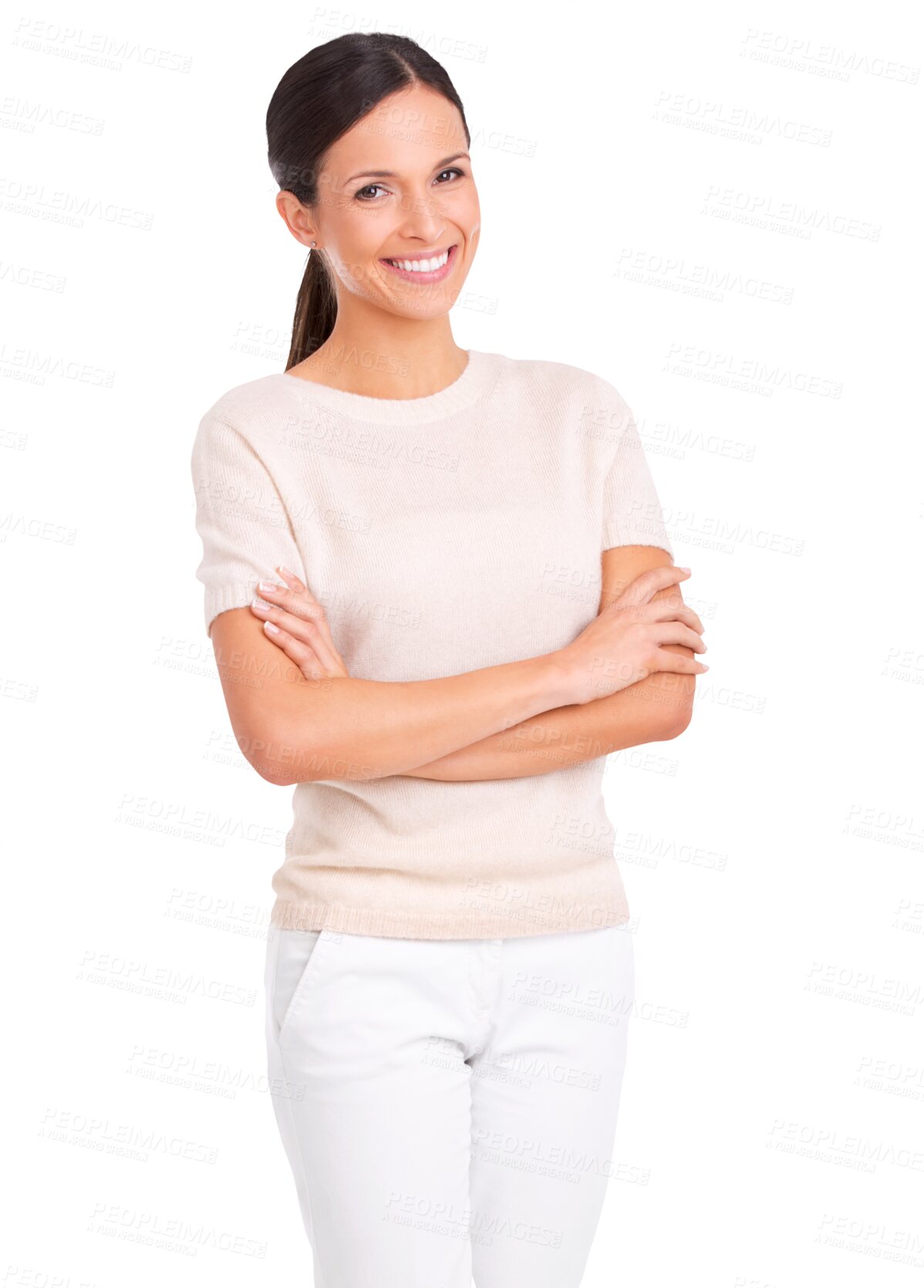 Buy stock photo Portrait, casual or woman with arms crossed, smile or confident model isolated against a transparent background. Face, female person or lady with stylish clothes, happiness or png with pride or style