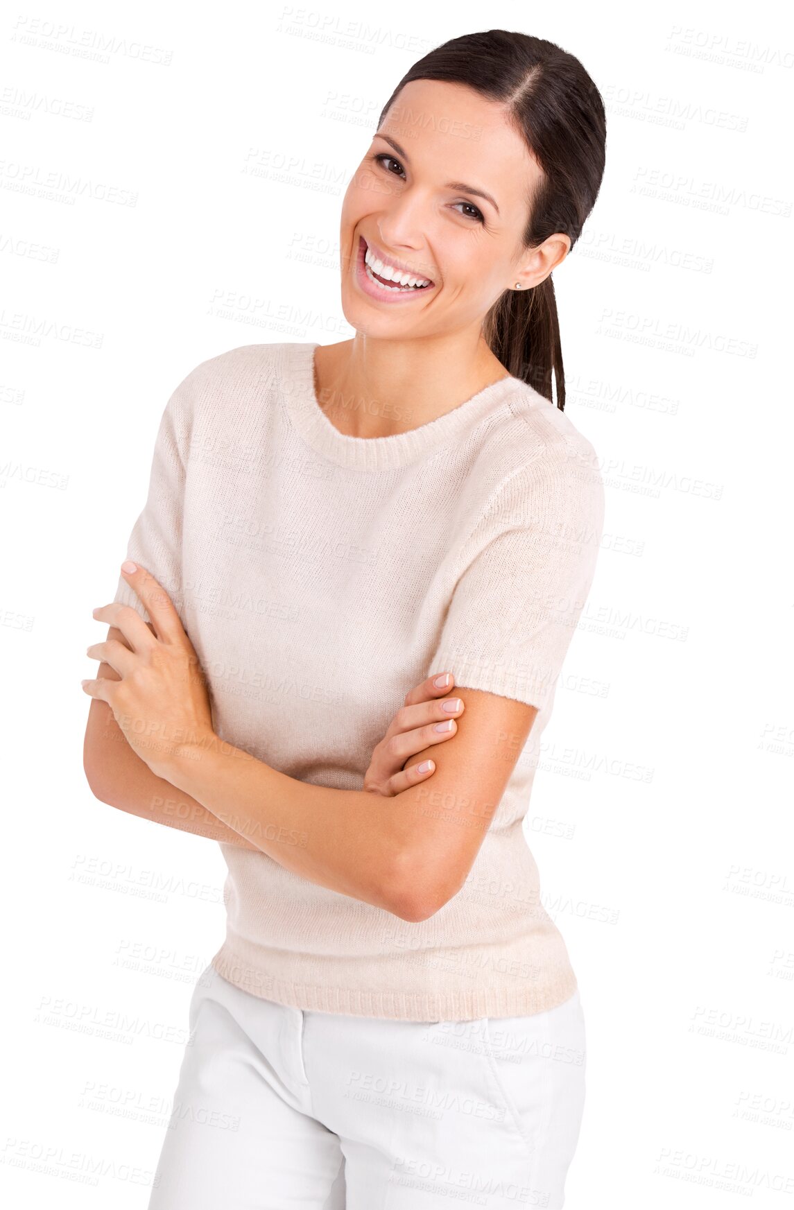 Buy stock photo Casual, portrait and woman with arms crossed, smile and confident lady isolated on a transparent background. Face, female person and model with happiness, positive mindset and png with stylish outfit