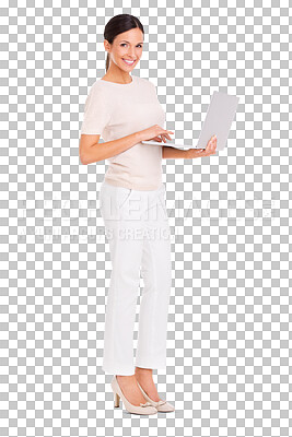 Buy stock photo Portrait, smile and woman with a laptop, typing and confident lady isolated on a transparent background. Face, female person and employee with technology, pc and png with connection and website info