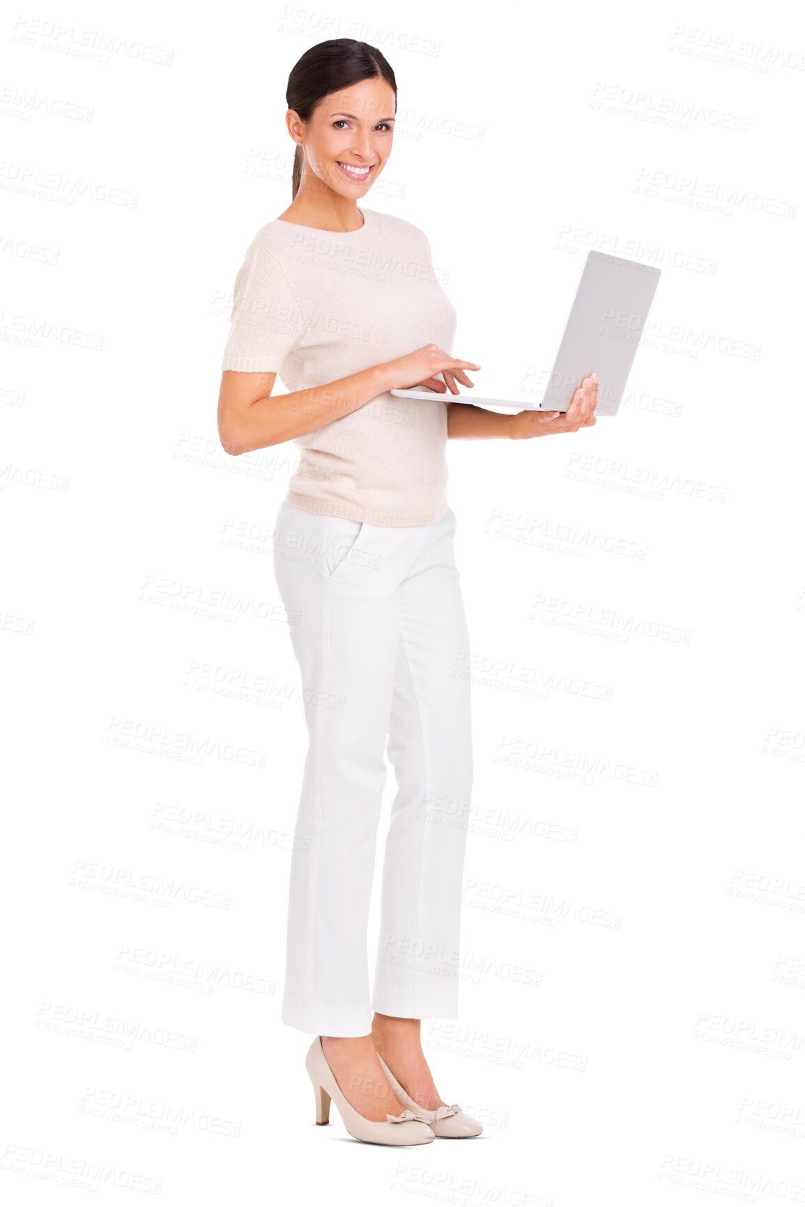 Buy stock photo Portrait, smile and woman with a laptop, typing and confident lady isolated on a transparent background. Face, female person and employee with technology, pc and png with connection and website info