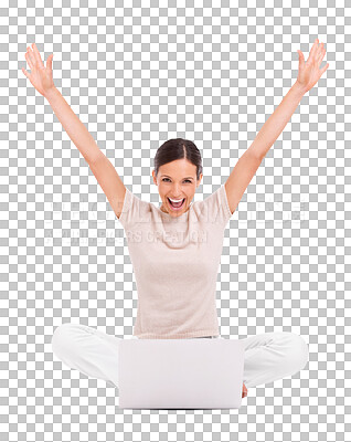 Buy stock photo Woman, excited in portrait with arms up and laptop, winner and success isolated on transparent png background. Female person celebrate winning online competition, bonus and giveaway with happiness