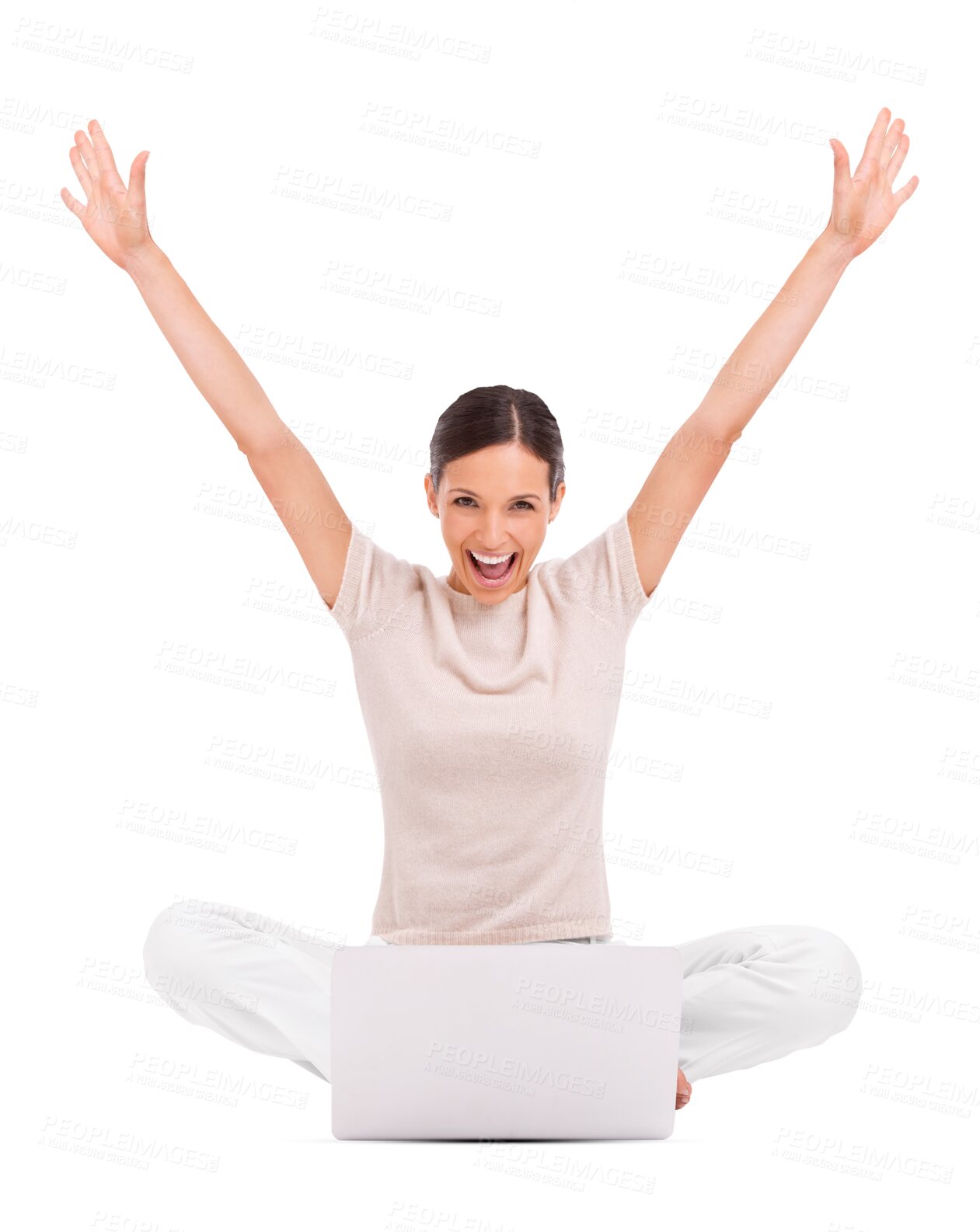 Buy stock photo Woman, excited in portrait with arms up and laptop, winner and success isolated on transparent png background. Female person celebrate winning online competition, bonus and giveaway with happiness