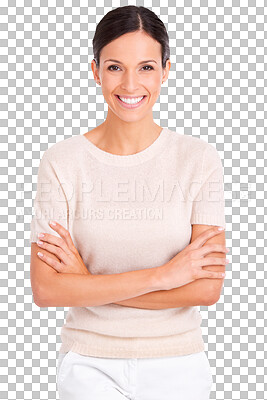 Buy stock photo Portrait, happy and arms crossed with a fashion woman isolated on a transparent background for designer style. Smile, confident or trendy with an attractive female model in fashionable clothes on PNG