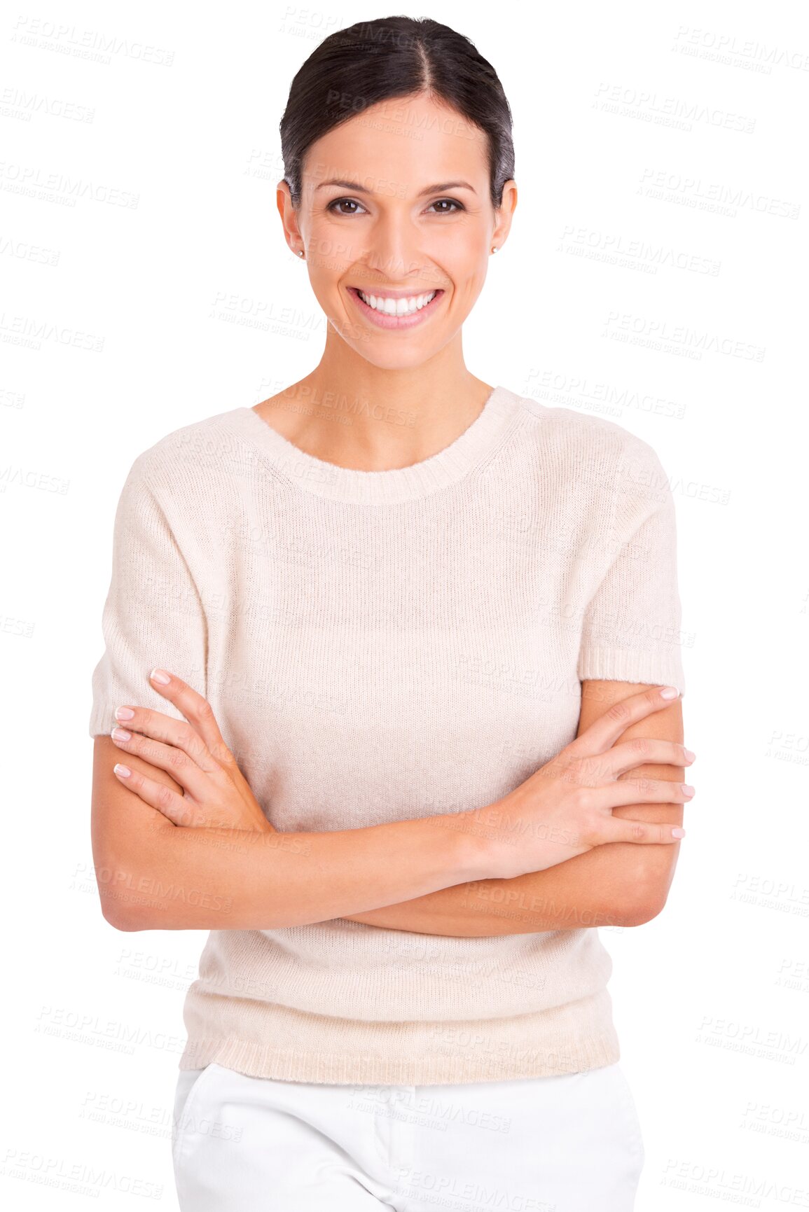 Buy stock photo Portrait, happy and arms crossed with a fashion woman isolated on a transparent background for designer style. Smile, confident or trendy with an attractive female model in fashionable clothes on PNG