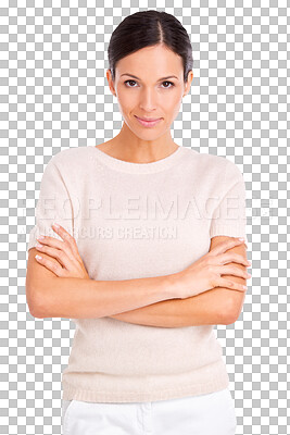 Buy stock photo Portrait, fashion and arms crossed with a trendy woman isolated on a transparent background for designer style. Attitude, confident and an attractive female model posing in fashionable clothes on PNG