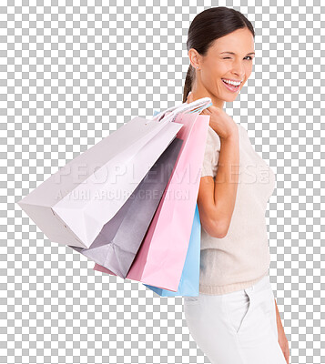 Buy stock photo Portrait, wink and woman with shopping bags isolated on a transparent png background. Excited, retail and fashion person with sales deal, discount and customer with product from store, shop or mall.