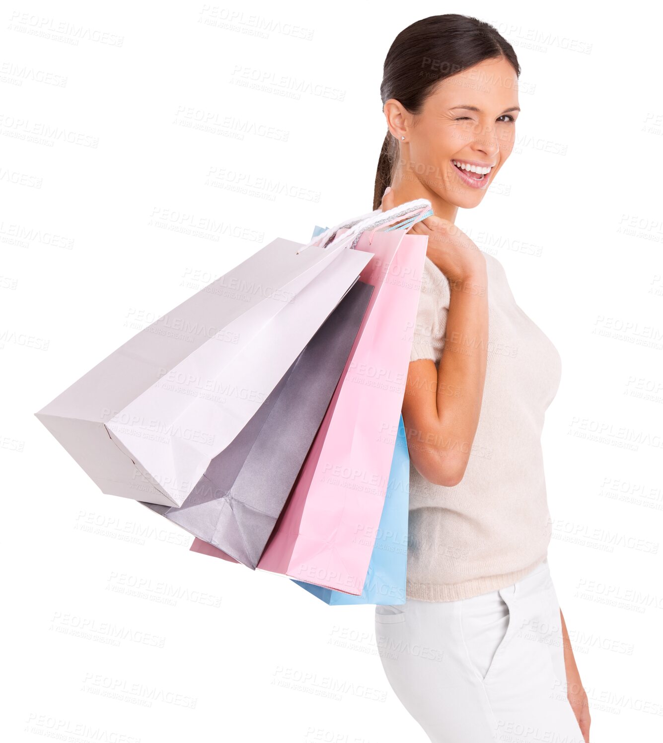 Buy stock photo Portrait, wink and woman with shopping bags isolated on a transparent png background. Excited, retail and fashion person with sales deal, discount and customer with product from store, shop or mall.