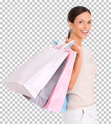 Buy stock photo Portrait, happy and woman with shopping bags for fashion isolated on a transparent png background. Excited, bag and person with sales deal, discount or customer with gifts from retail, shop or mall