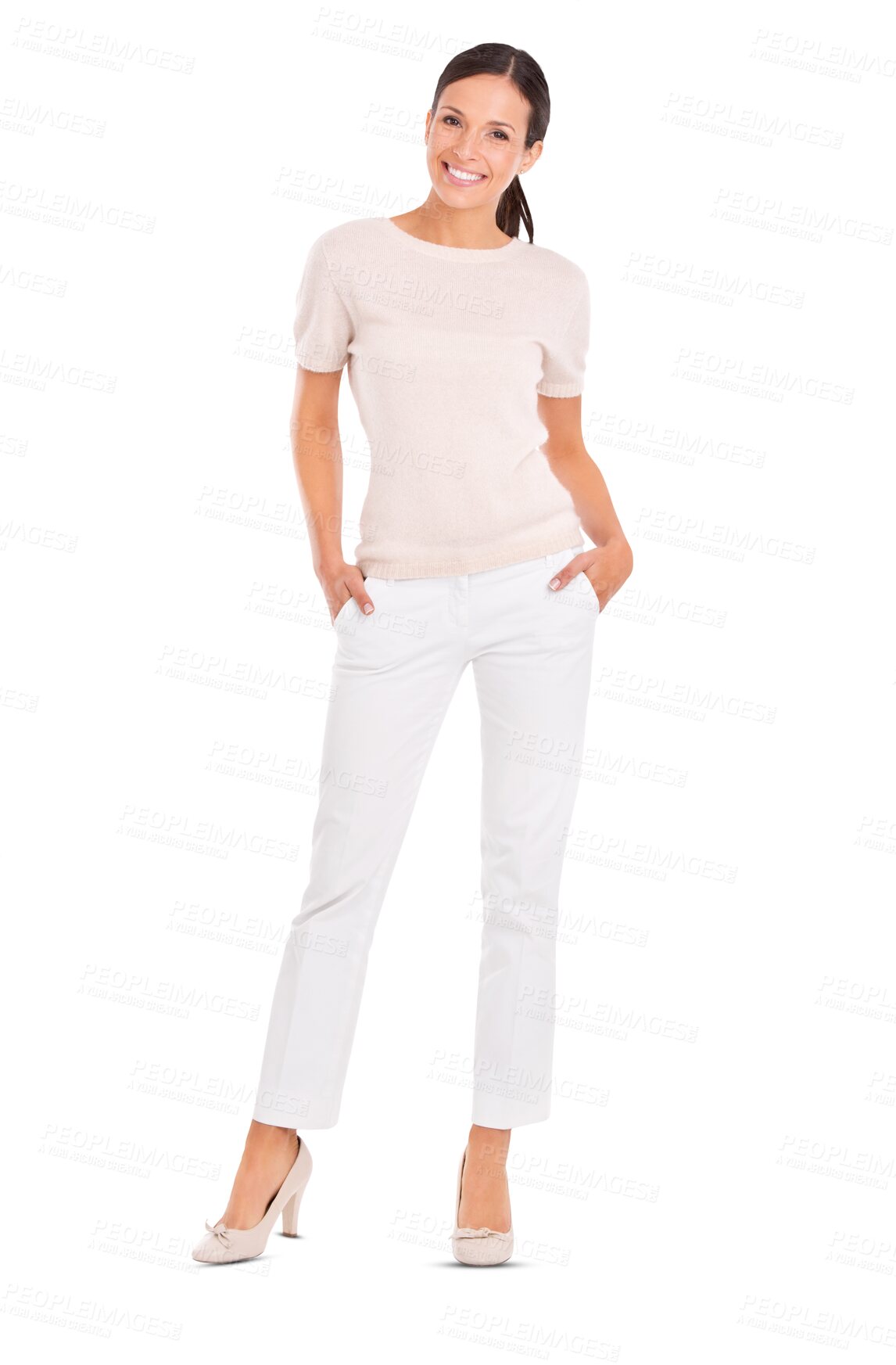 Buy stock photo Portrait, happy and fashion with a stylish woman isolated on a transparent background for designer style. Smile, confident and trendy with an attractive female model in fashionable clothes on PNG