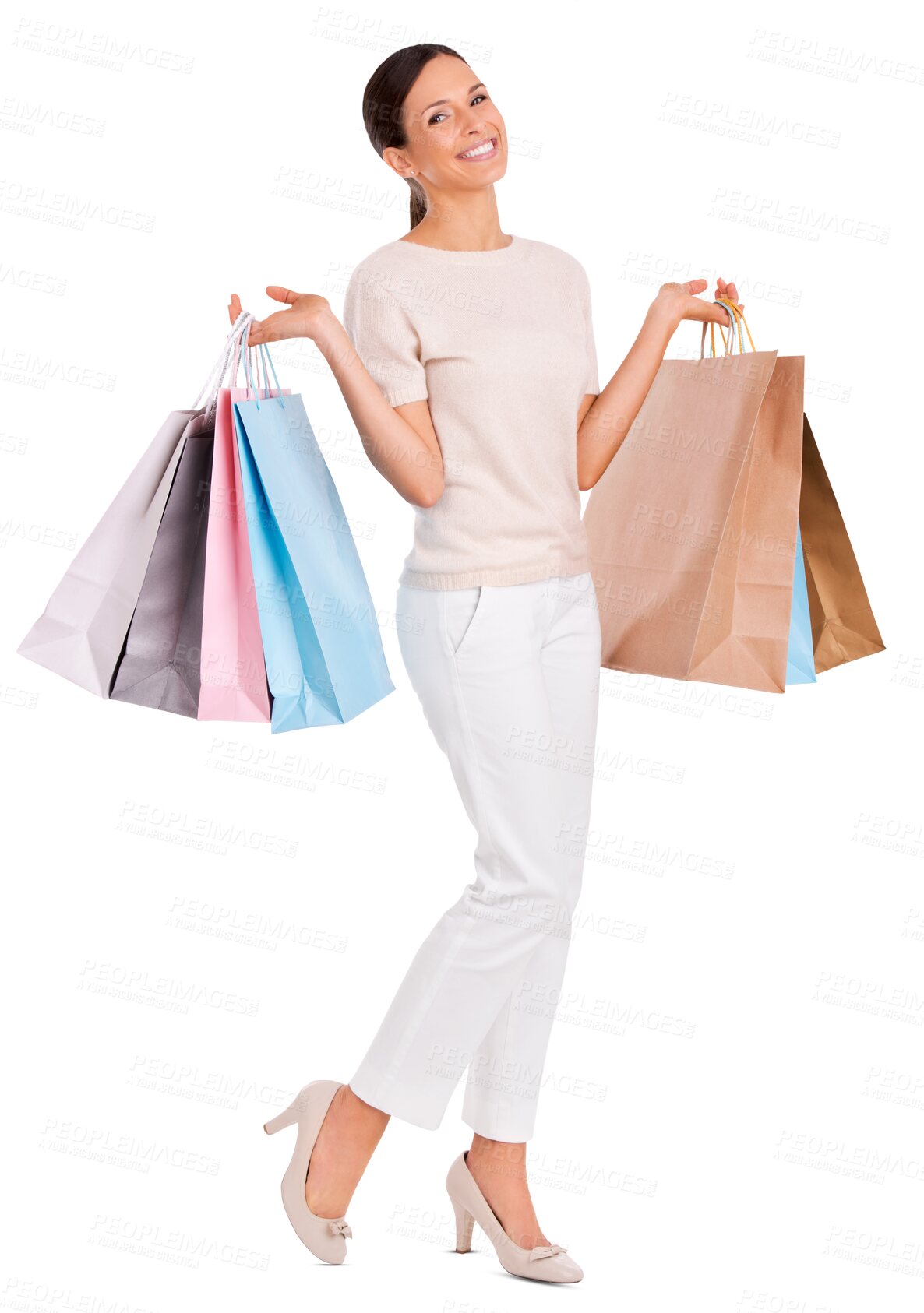 Buy stock photo Portrait, bags and woman with sales, shopping and shopper isolated against a transparent background. Client, buyer and customer with boutique items, png or female person with luxury products or deals