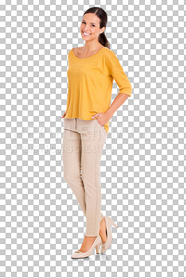 Buy stock photo Portrait, happy and fashion with a stylish woman isolated on a transparent background for elegant style. Smile, confident and trendy with an attractive female model in fashionable clothes on PNG