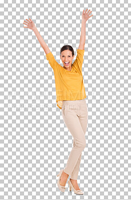 Buy stock photo Portrait, fashion and motivation with a woman cheering isolated on a transparent background for designer style. Smile, success and celebration with a happy female model in fashionable clothes on PNG