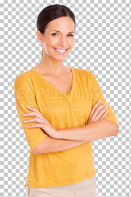 Buy stock photo Portrait, smile and arms crossed with a fashion woman isolated on a transparent background for elegant style. Happy, confident and carefree with an attractive female model in trendy clothes on PNG