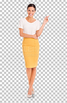 Buy stock photo Portrait, smile or pointing with a fashion woman isolated on a transparent background for an information announcement. Happy, confident and option with a stylish female model for marketing on PNG