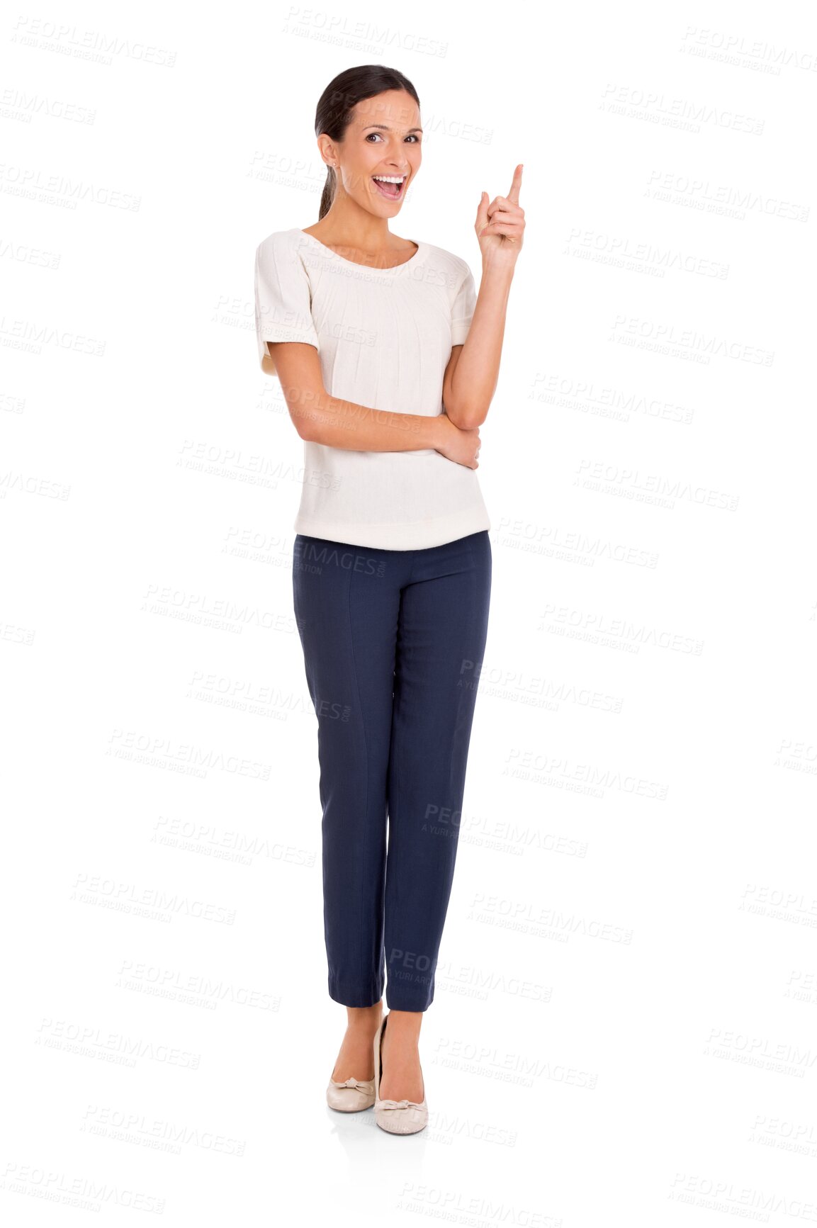 Buy stock photo Woman is pointing up at announcement, advertising mockup and excited about news. Female ambassador in portrait, opportunity and brand marketing presentation isolated on transparent png background