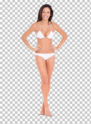 Buy stock photo Smile, bikini and body portrait of a woman isolated on a transparent, png background. Happy, beauty and summer swimwear model with hands on hips for sexy fashion, weight loss motivation and wellness