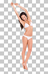 PNG A young woman in a white bikini posing with her arms raised