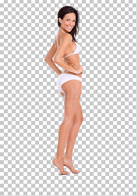 Buy stock photo Bikini, body and fashion portrait of a woman isolated on a transparent, png background. Happy, smile and summer swimwear model person posing for sexy lingerie, cellulite or motivation and wellness