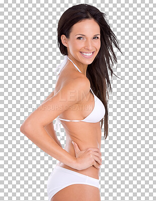 Buy stock photo Beauty, bikini and slim body portrait of a woman isolated on a transparent, png background. Happy, smile and summer swimwear model person posing for sexy fashion, fitness motivation and wellness