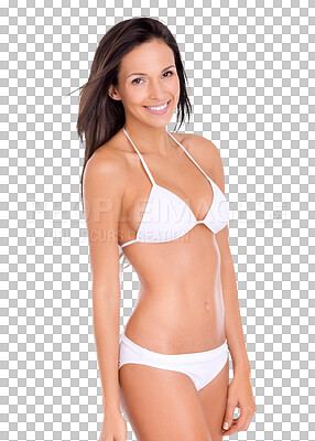 Buy stock photo Bikini, health and body portrait of a woman isolated on a transparent, png background. Happy, beauty and summer swimwear or lingerie model person pose for sexy fashion, fitness motivation or wellness